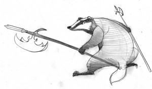 Samuel Shinpike the badger with two halberds